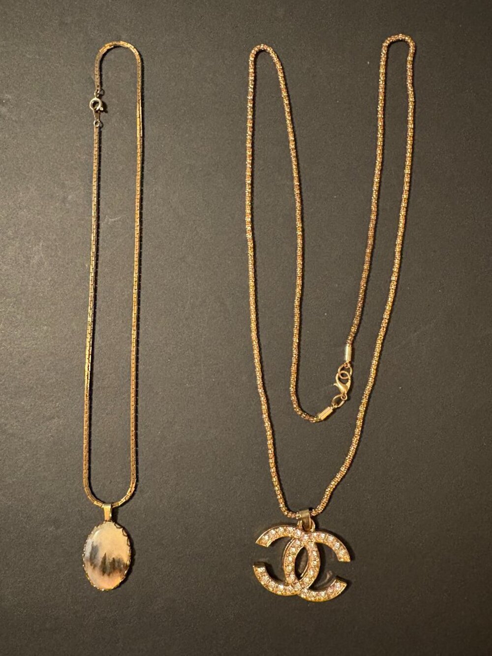 Lot of 2 Necklaces: Moss Agate Oval Stone pendant and Golden Tone w/Rhinestone